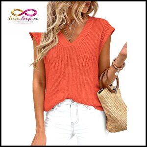 Lightweight Knit Sweater Vest, Cap Sleeve V-Neck, Split Hem, Spring Summer Top